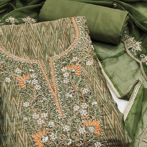 Festive Ready Green Dress Material in Cotton Silk with Exquisite Hand Embroidery