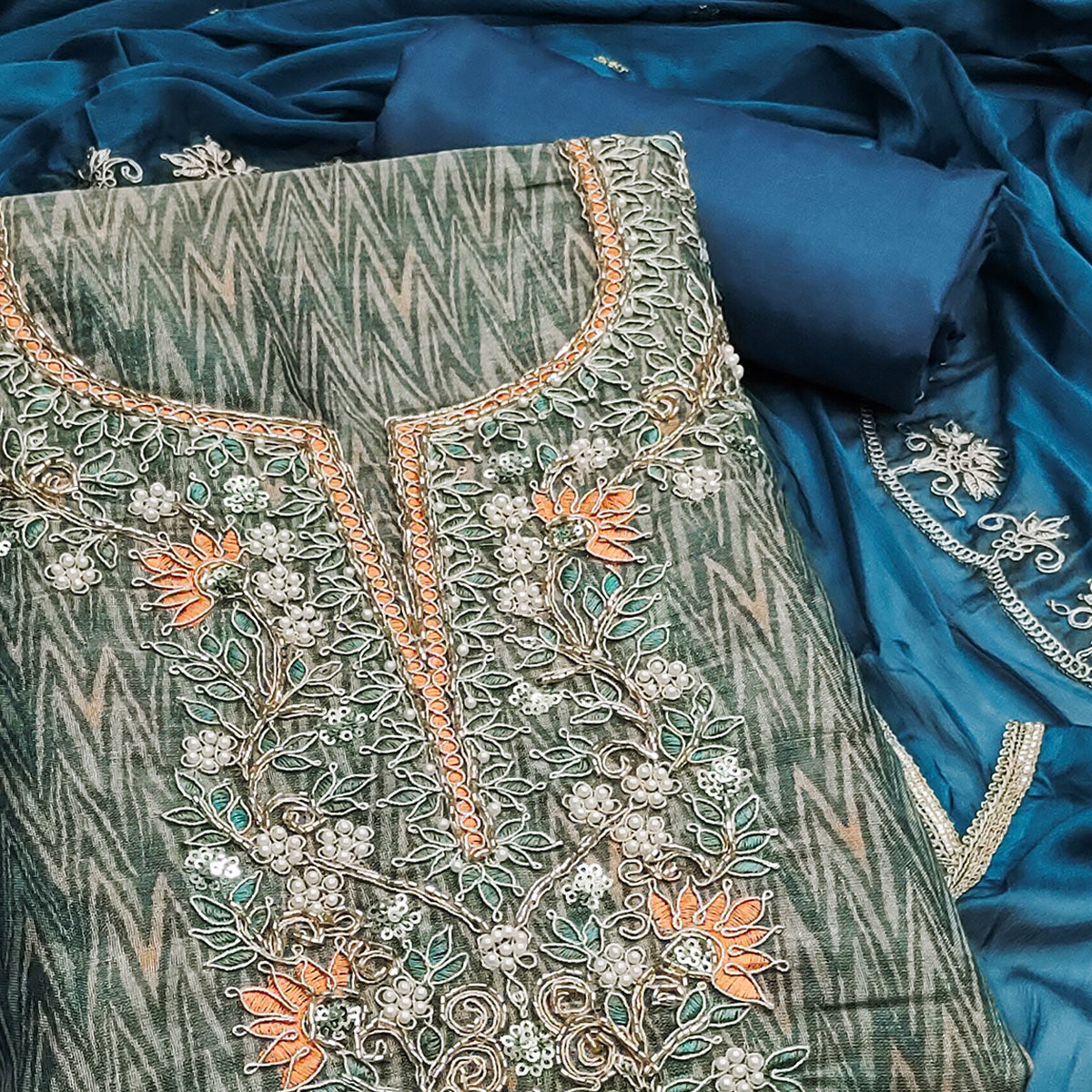 Festive Ready Teal Dress Material in Cotton Silk with Exquisite Hand Embroidery