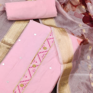 Pink Cotton Silk Dress Material With Intricate Thread Embroidery With Handwork