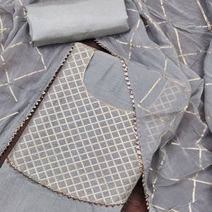 Grey Dress Material in Modal Chanderi Silk With Traditional Gota Patti Embellishments