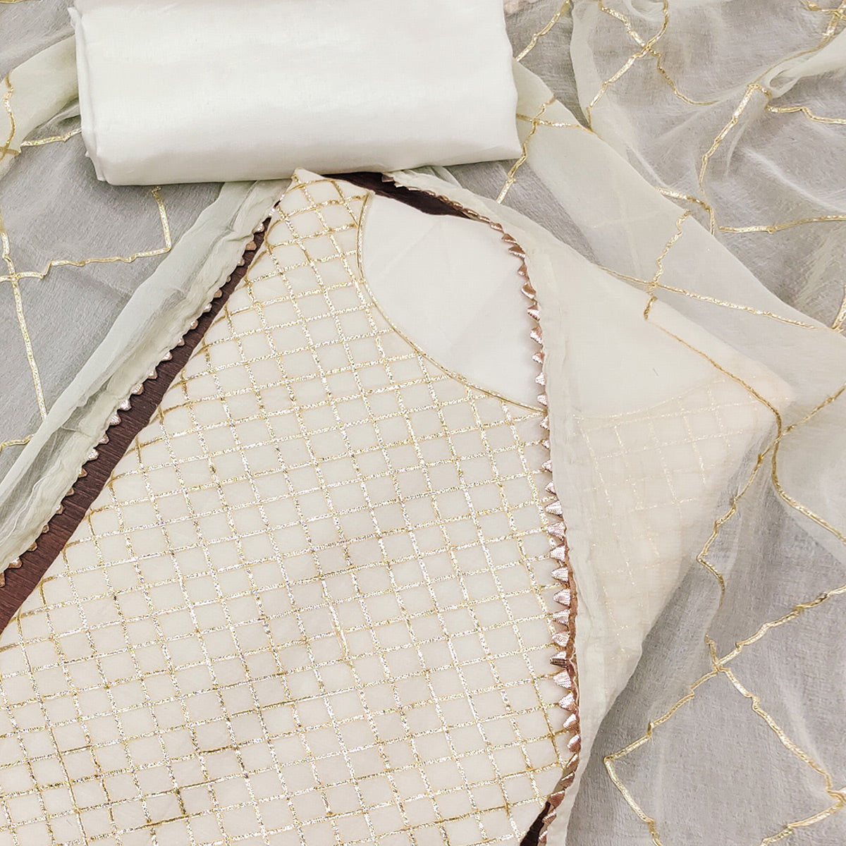 Offwhite Dress Material in Modal Chanderi Silk With Traditional Gota Patti Embellishments