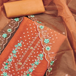 Rusty Orange Dress Material In Viscose With Intricate Floral Sequins Embroidery & Handwork