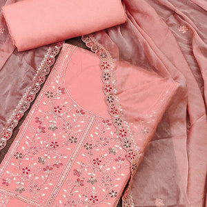 Peach Floral Embroidered Cotton Silk Dress Material With Glimmering Floral Sequins Work