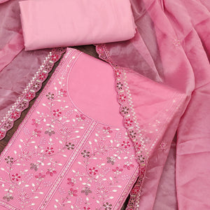 Pink Floral Embroidered Cotton Silk Dress Material With Glimmering Floral Sequins Work