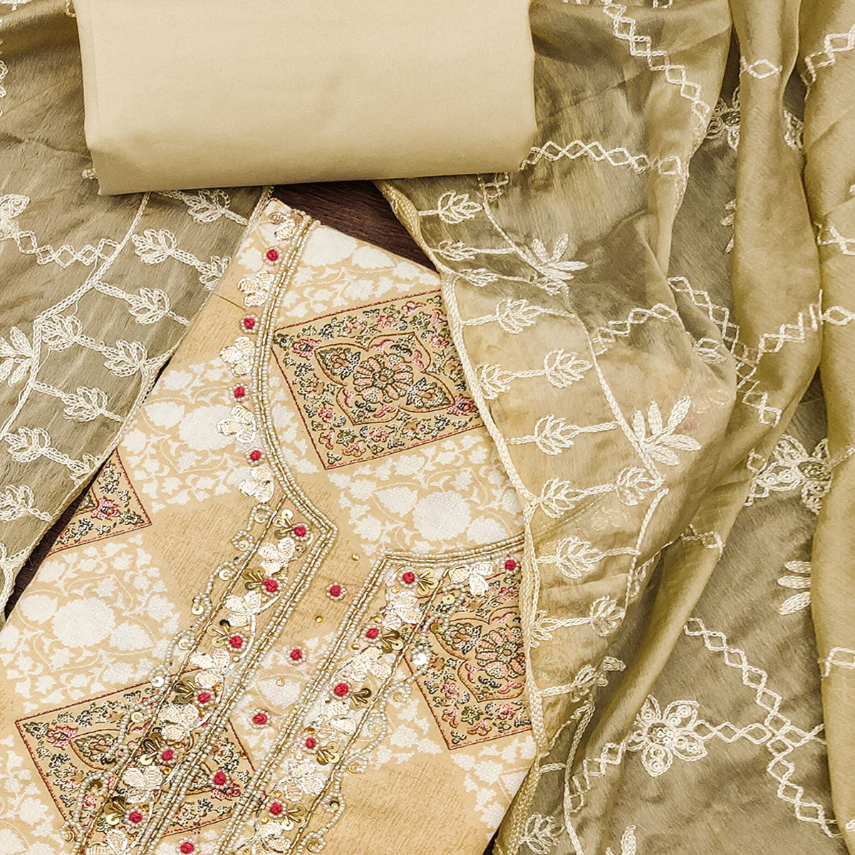 Beige Floral Printed Green Pure Cotton Dress Material With Moti & Gota Patti Handwork Embellishment