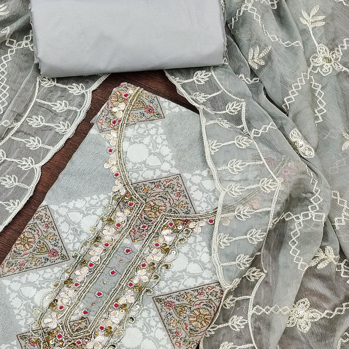 Grey Floral Printed Green Pure Cotton Dress Material With Moti & Gota Patti Handwork Embellishment
