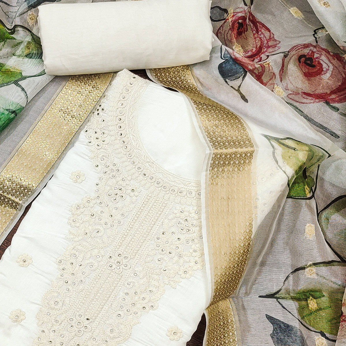 Offwhite Thread Embroidered Cotton Silk Dress Material With Floral Motifs & Stone Work