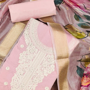 Pink Thread Embroidered Cotton Silk Dress Material With Floral Motifs & Stone Work
