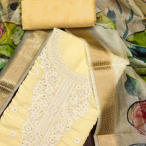 Yellow Thread Embroidered Cotton Silk Dress Material With Floral Motifs & Stone Work