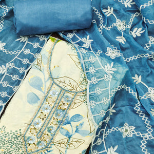 Cream & Blue Floral Printed Pure Cotton Dress Material With Intricate Moti & Stones work
