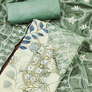 Cream & Green Floral Printed Pure Cotton Dress Material With Intricate Moti & Stones work