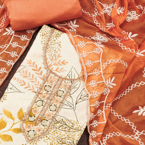 Cream & Orange Floral Printed Pure Cotton Dress Material With Intricate Moti & Stones work