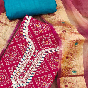 Pink Bandhani Printed Cambric Cotton Dress Material With Intricate Moti & Gota Patti Handwork