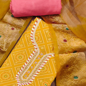 Yellow Bandhani Printed Cambric Cotton Dress Material With Intricate Moti & Gota Patti Handwork