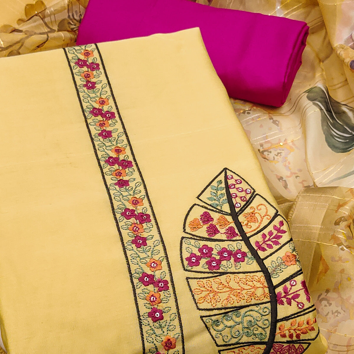 Yellow Delight Floral Sequins Embroidered Cotton Silk Dress Material