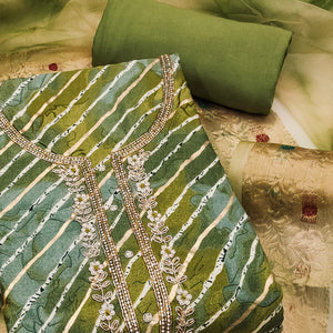 Green Printed With Intricate Moti Handwork Jam Cotton Dress Material