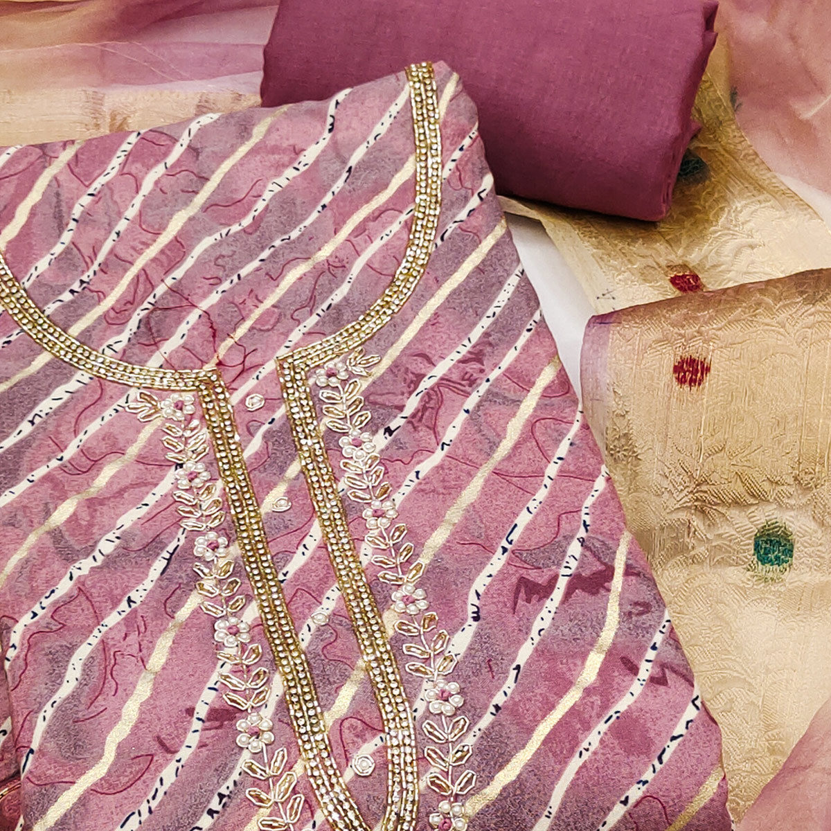 Mauve Printed With Intricate Moti Handwork Jam Cotton Dress Material