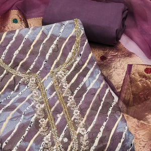 Purple Printed With Intricate Moti Handwork Jam Cotton Dress Material