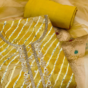 Yellow Printed With Intricate Moti Handwork Jam Cotton Dress Material