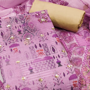 Purple Digital Printed Viscose Cotton Dress Material With Intricate Moti & Sequins Handwork