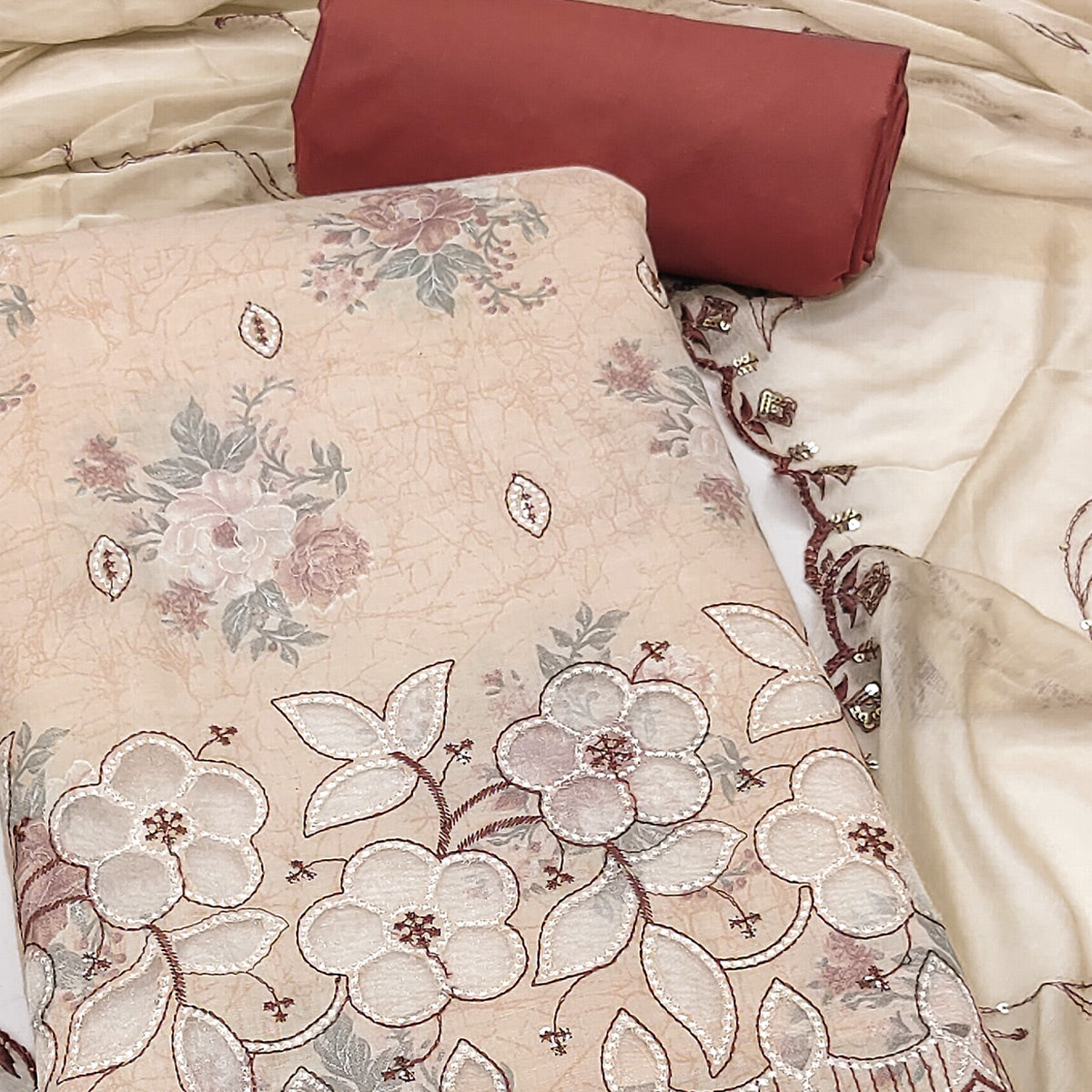 Cream Floral Cambric Cotton Dress Material With Elegant Embroidery Work