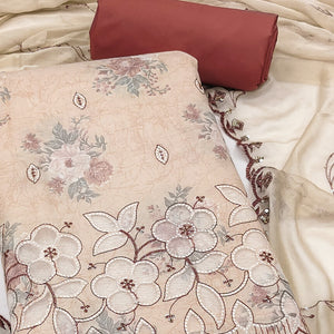 Cream Floral Cambric Cotton Dress Material With Elegant Embroidery Work