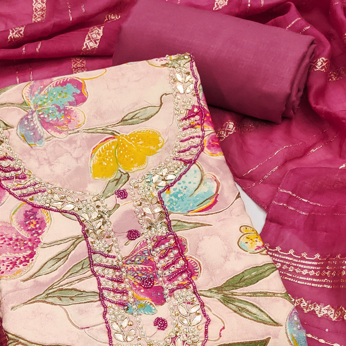 Pink In Jam Cotton with Floral Print & Intricate Moti Handwork Dress Material