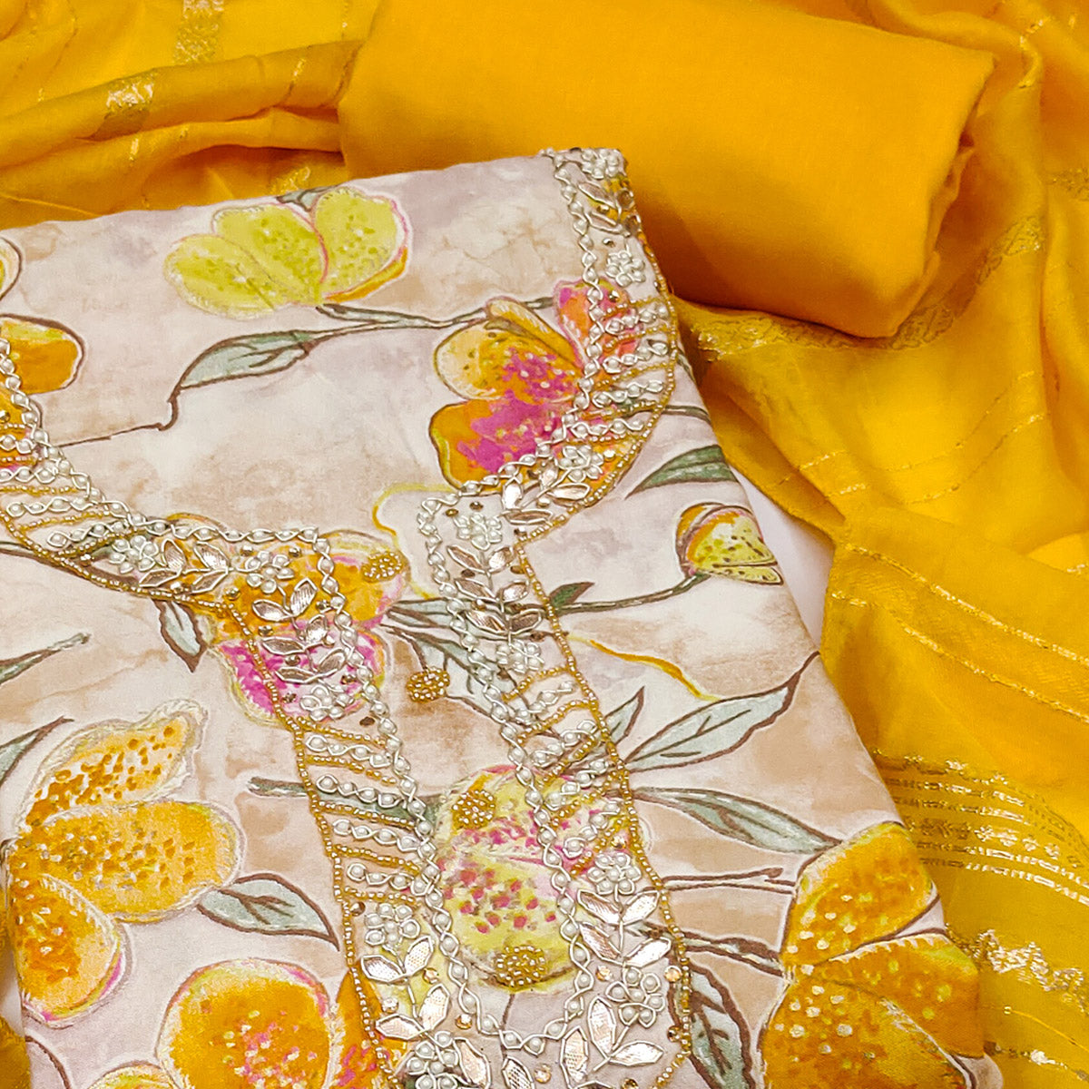 Yellow In Jam Cotton with Floral Print & Intricate Moti Handwork Dress Material