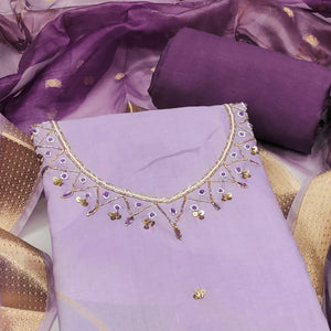 Lavender Cambric Cotton Dress Material Adorned With Floral Prints & Hand Moti Embellishment