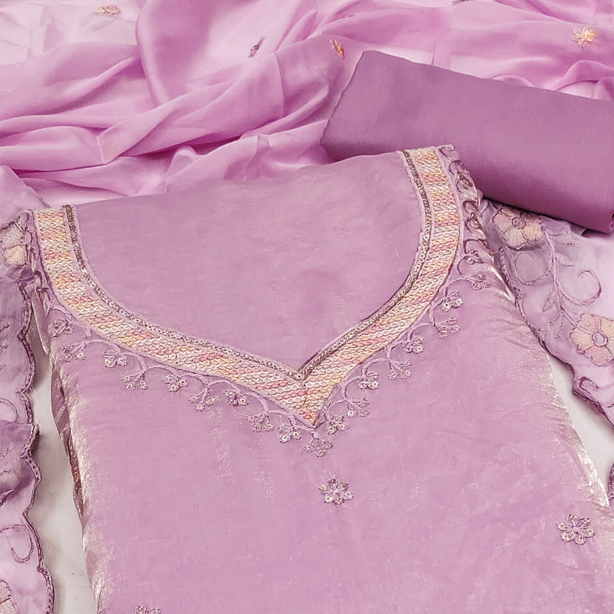 Light Purple Ensemble With Floral Sequins Embroidery Detailing On Satin Viscose Dress Material