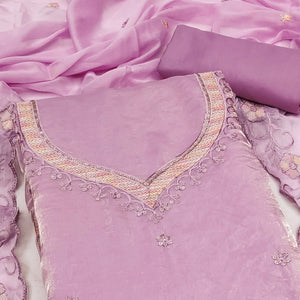 Light Purple Ensemble With Floral Sequins Embroidery Detailing On Satin Viscose Dress Material