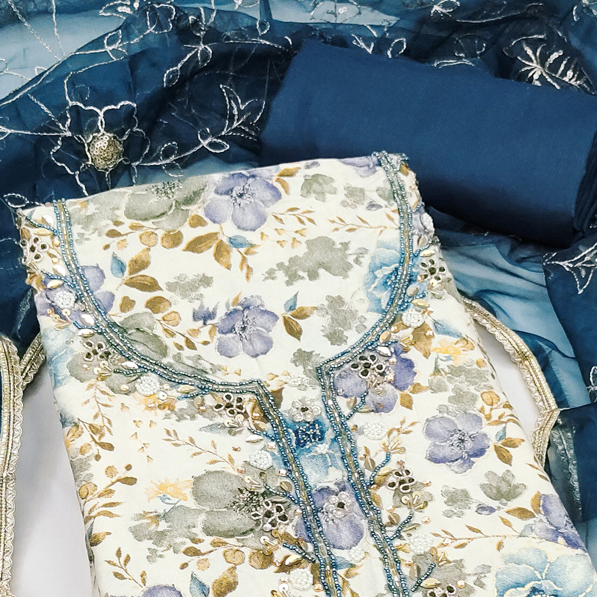 Blue Bloom Charm With Floral Print & Delicate Sequins & Moti Handwork Dress Material
