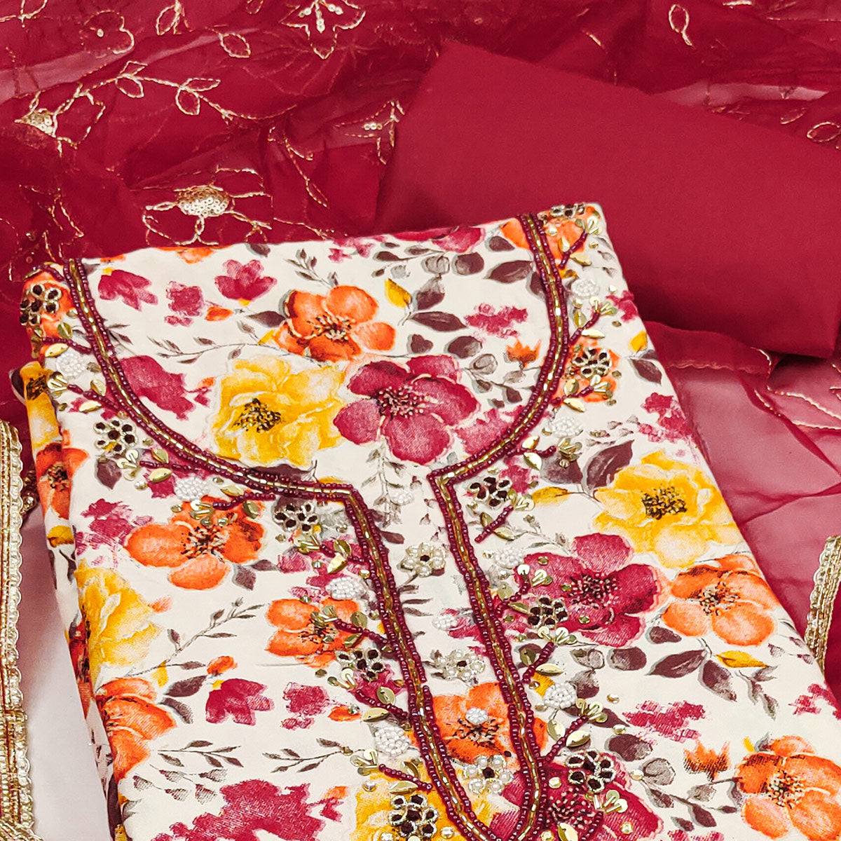 Red Bloom Charm With Floral Print & Delicate Sequins & Moti Handwork Dress Material