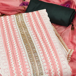 Peach Floral Printed With Intricate Handwork Embroidered Cotton Silk Dress Material