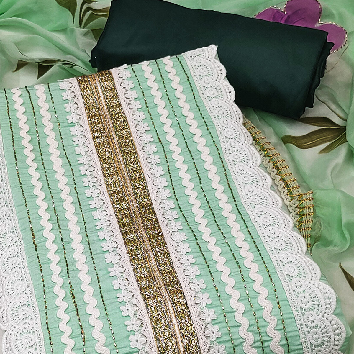 Sea Green Floral Printed With Intricate Handwork Embroidered Cotton Silk Dress Material