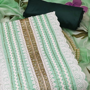 Sea Green Floral Printed With Intricate Handwork Embroidered Cotton Silk Dress Material