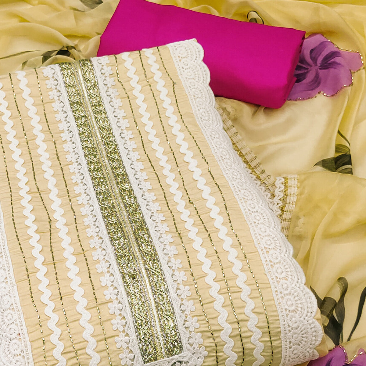 Yellow Floral Printed With Intricate Handwork Embroidered Cotton Silk Dress Material