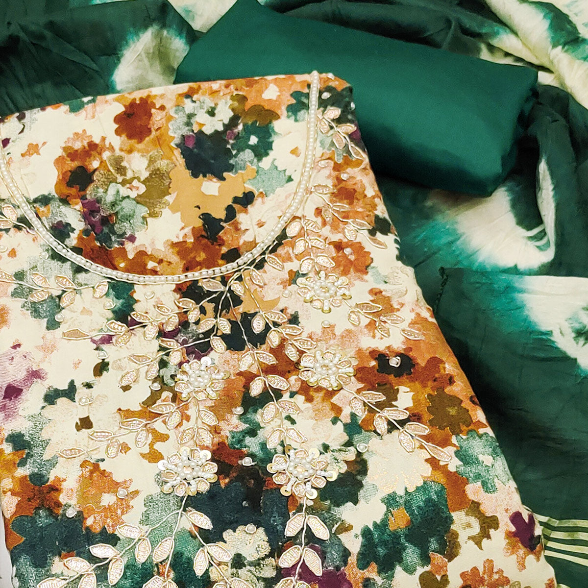 Green Pure Cotton Printed Dress Material Beautified With Moti & Sequins Hand Embellishment