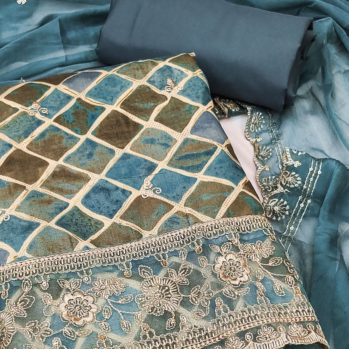 Blue Printed Dress Material In Pure Cotton With Intricate Sequins Embroidery Work