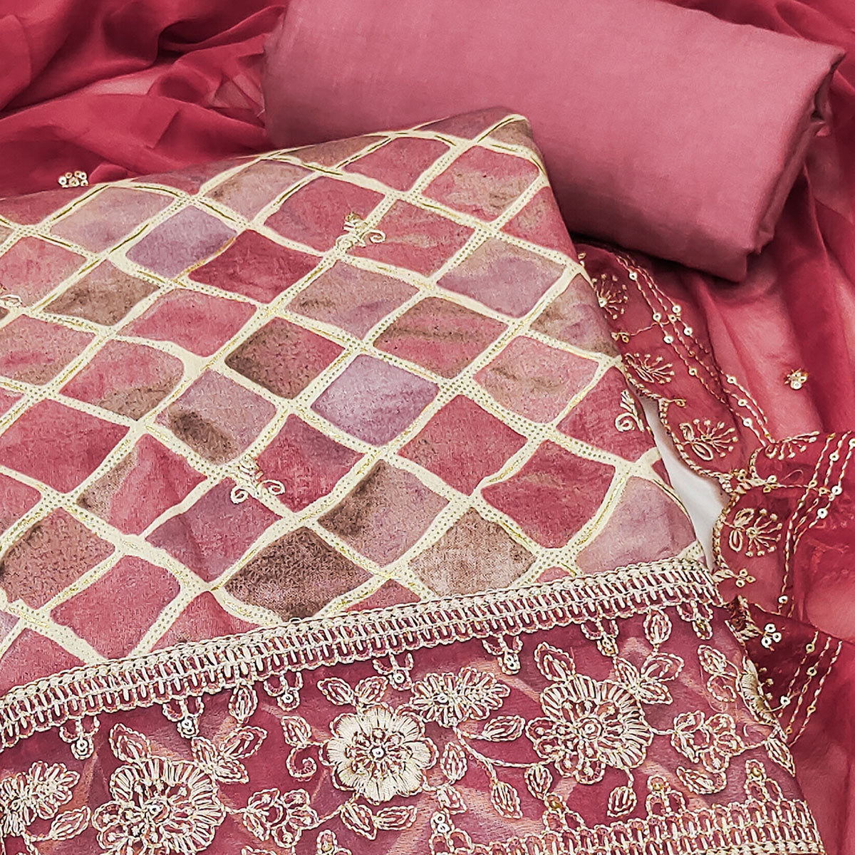 Pink Printed Dress Material In Pure Cotton With Intricate Sequins Embroidery Work