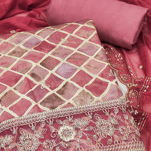 Pink Printed Dress Material In Pure Cotton With Intricate Sequins Embroidery Work