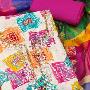 Pink Print & Delicate Moti With Gota Patti Work Cotton Silk Dress Material