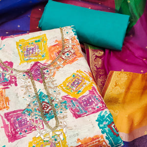 Turquoise Print & Delicate Moti With Gota Patti Work Cotton Silk Dress Material