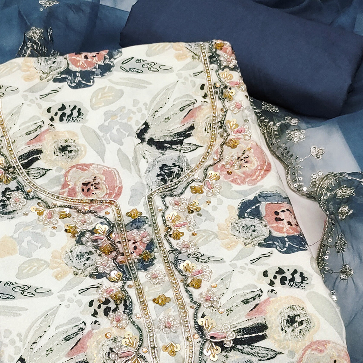 Blue Printed Blue Pure Cotton Dress Material Enhanced With Moti & Hand Embroidered Sequins