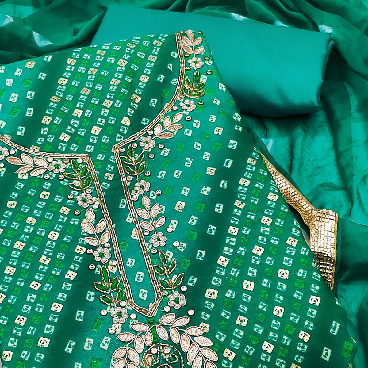 Green Bandhani Printed Pure Cotton Dress Material With Intricate Moti & Gota Patti Handwork