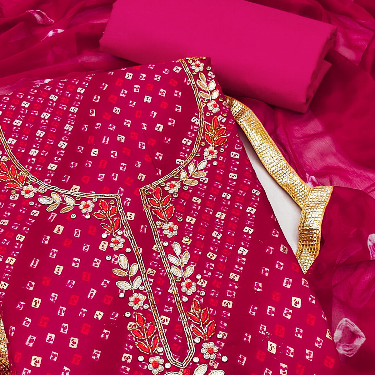 Pink Bandhani Printed Pure Cotton Dress Material With Intricate Moti & Gota Patti Handwork