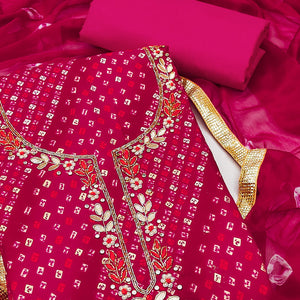 Pink Bandhani Printed Pure Cotton Dress Material With Intricate Moti & Gota Patti Handwork