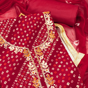 Red Bandhani Printed Pure Cotton Dress Material With Intricate Moti & Gota Patti Handwork