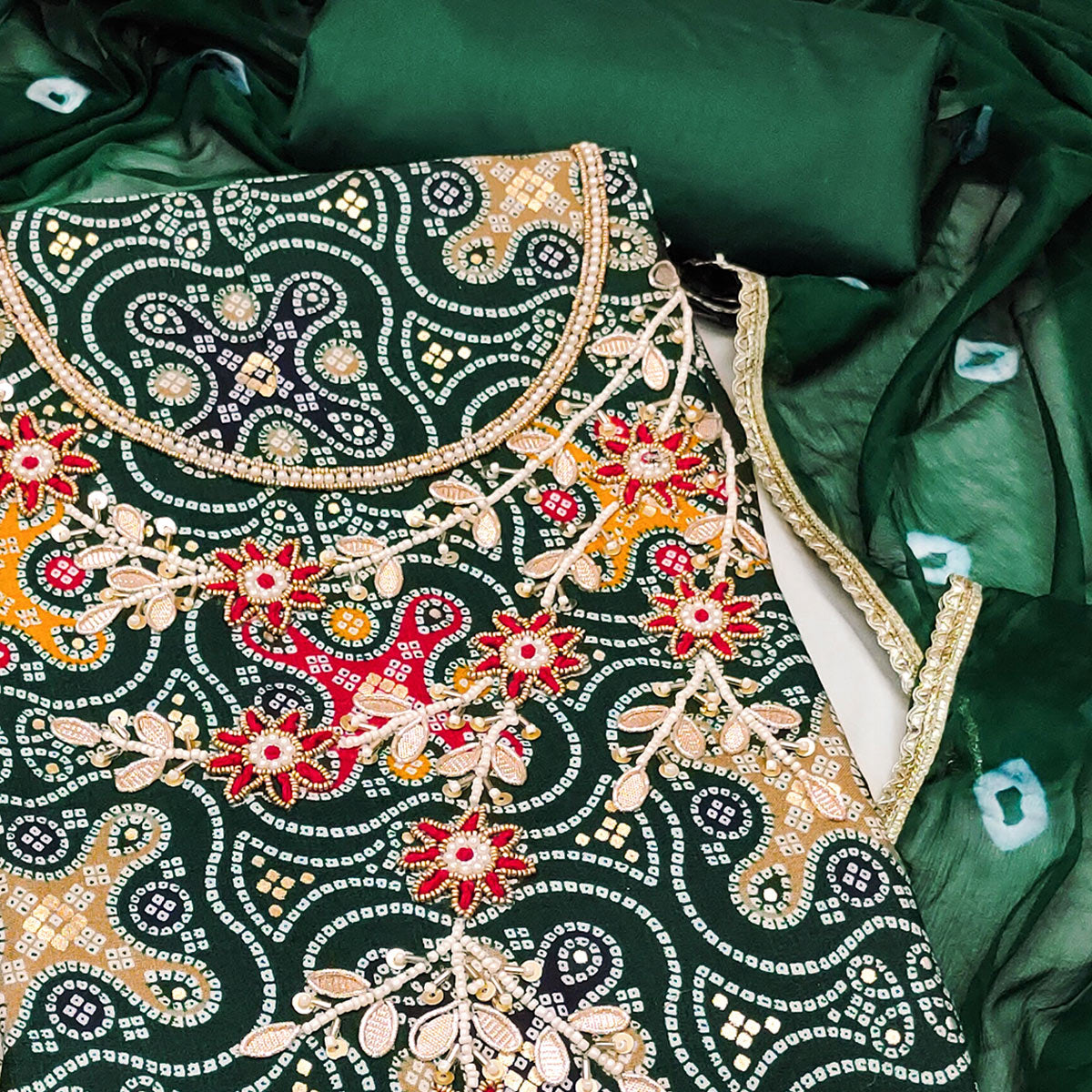 Green Bandhani Printed Pure Cotton Dress Material With Delicate Moti & Gota Patti Handwork