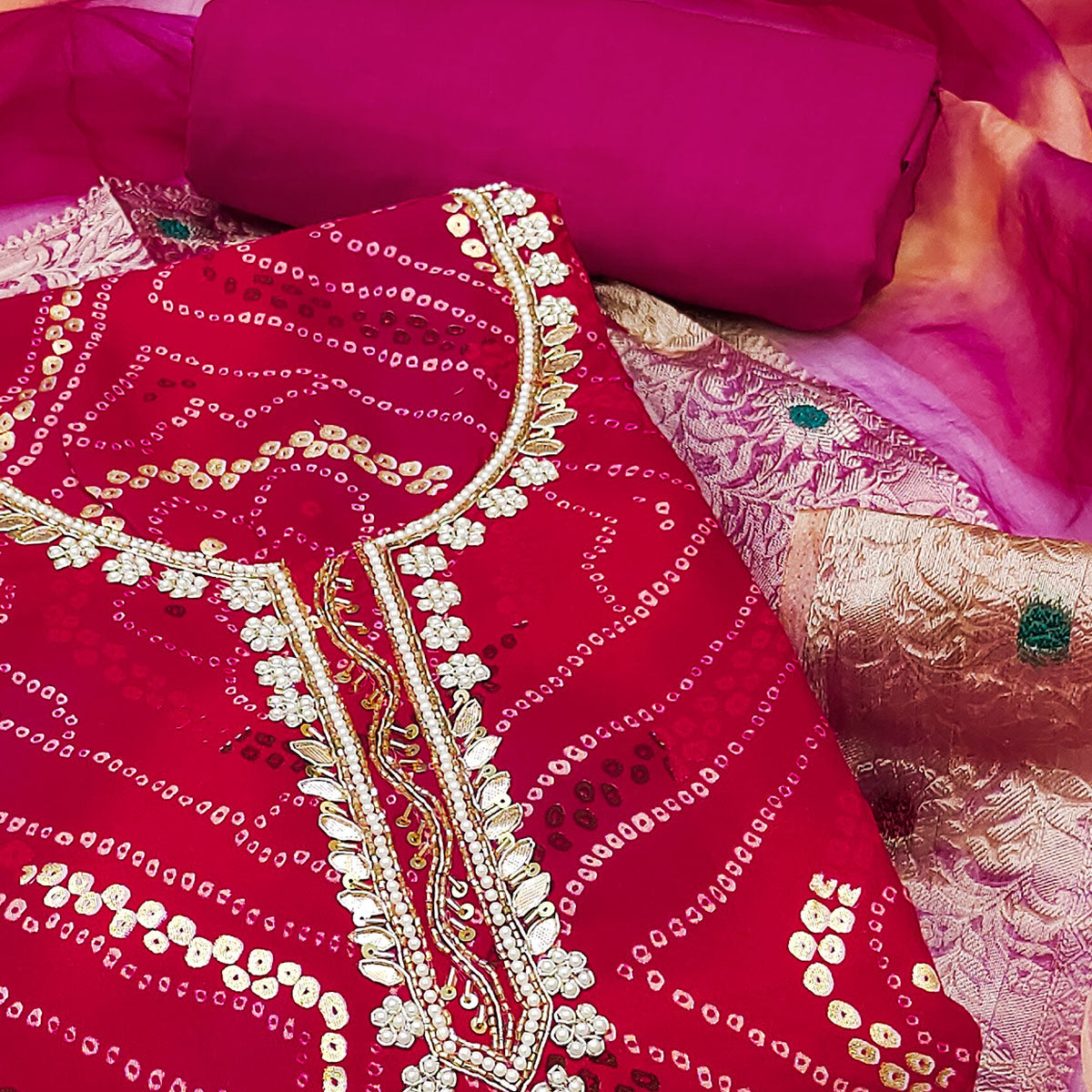 Pink Bandhani Printed Pure Cotton Dress Material With Artistic Moti & Gota Patti Handwork